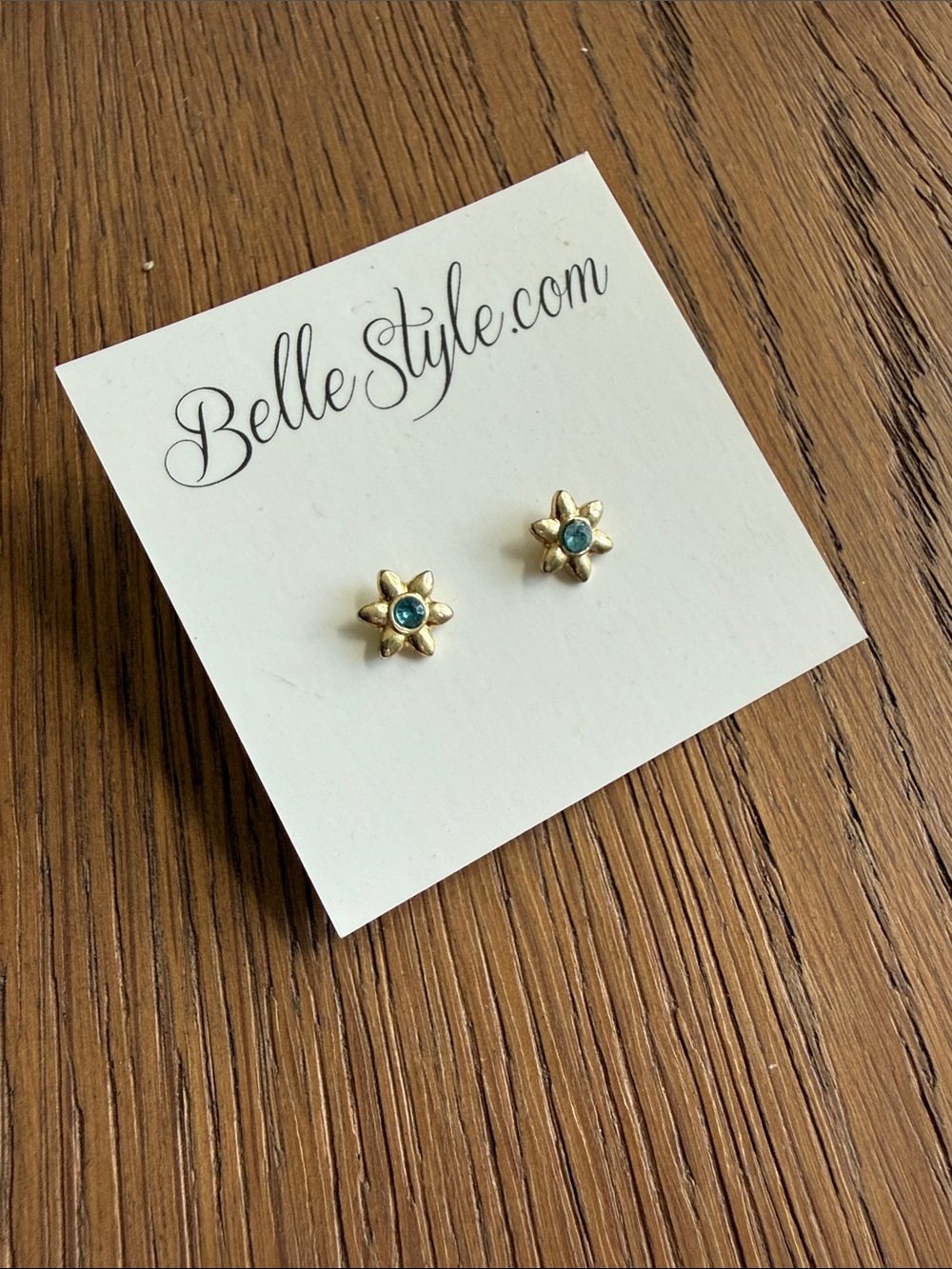 BelleStyle Gold Flower Stud Earrings with Teal Center